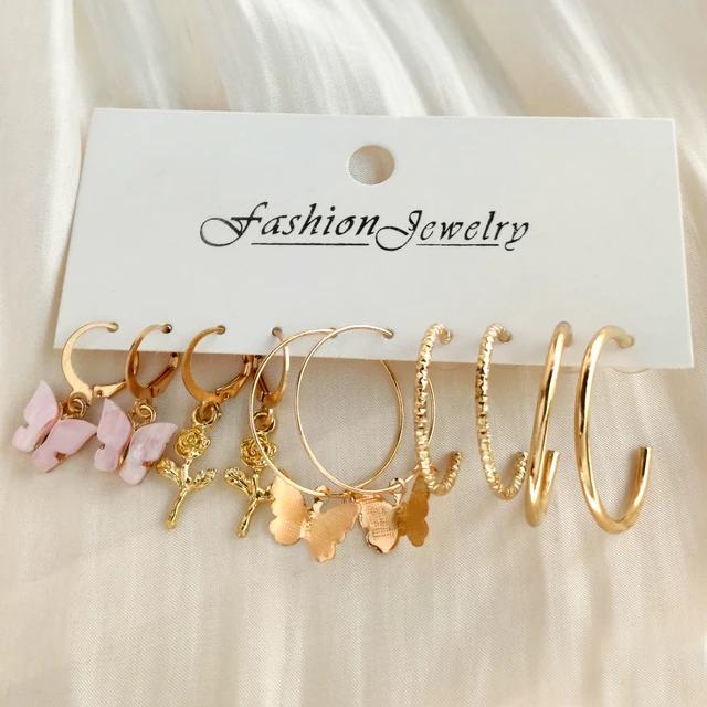 Flatfoosie 5Pair Pink Blue Heart Butterfly Drop Earrings Set For Women Boho Cute Star Moon Eye Dangle Earring 2022 Trend Jewelry 160028GD