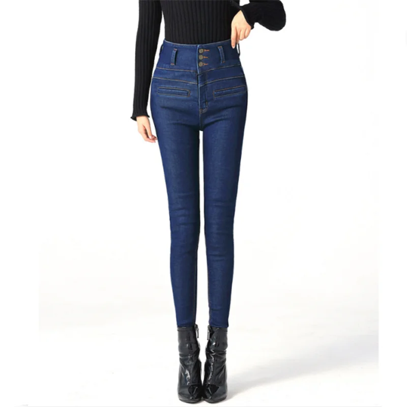 Mom Jeans High-Waist Trouser Pencil-Pants Boyfriends Elastic Vintage Winter Plus-Size
