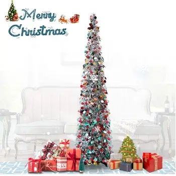 

New Pop Up Silver Shiny Christmas Trees Topper Skirt Decorations Artificial Tinsel Tree for Home Table Office Fireplace Supplies