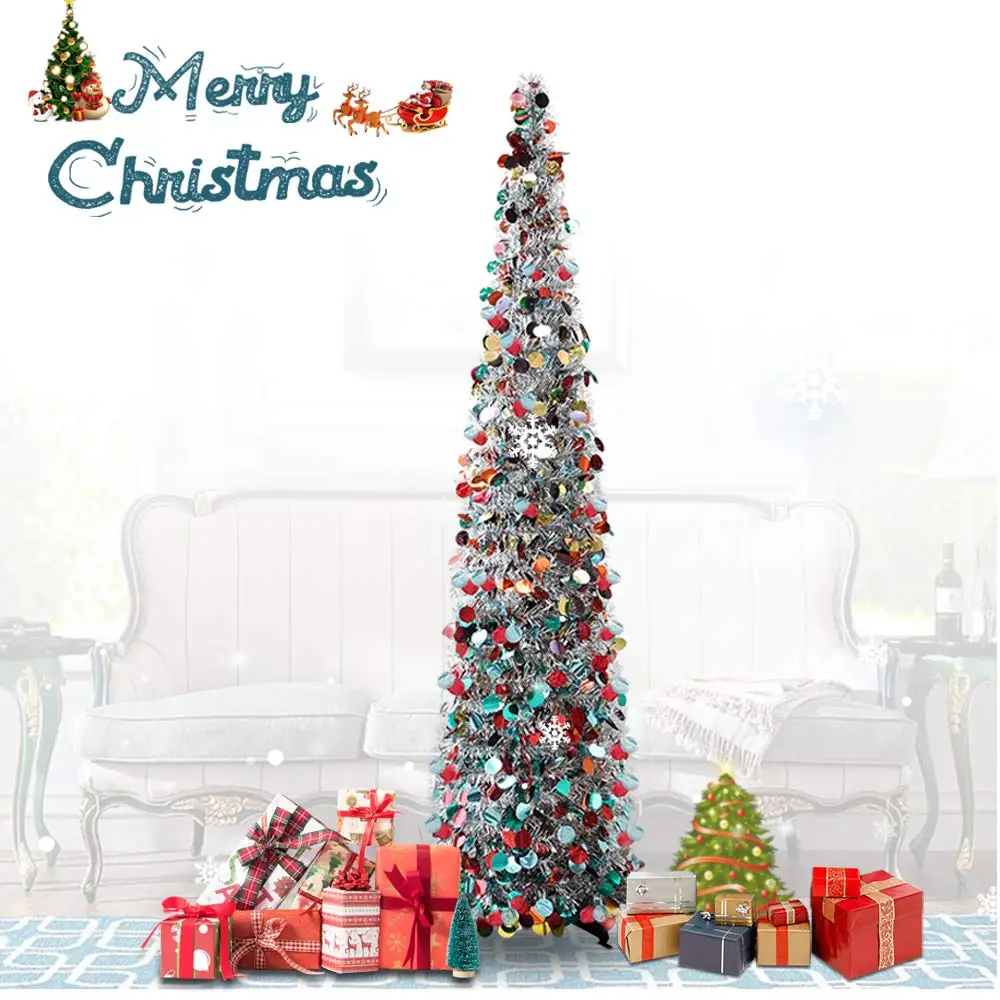  New Pop Up Silver Shiny Christmas Trees Topper Skirt Decorations Artificial Tinsel Tree for Home Ta