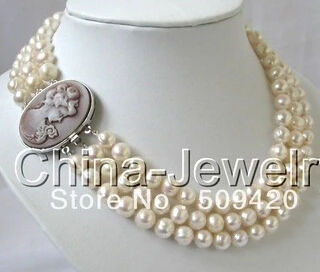 free shipping &gt&gt&gtBeautiful 3row 10mm white round FW pearl necklace-cameo clasp | Украшения и аксессуары