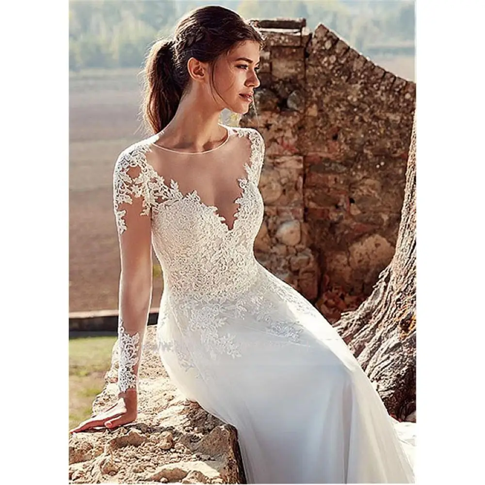 

Long Sleeves Wedding Dresses Lace Appliques Sheer Jewel Neck A-line Illusion Bridal Dresses vestido de noche Wedding Gowns