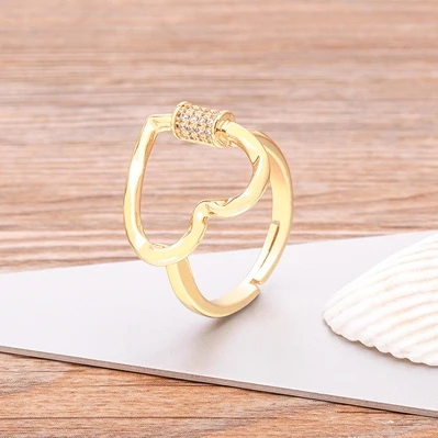 Zircon Paved Smiley Heart Rings For Woman Newest Gold Color Open Adjustable Cocktail Party Wedding Ring Jewelry Gift