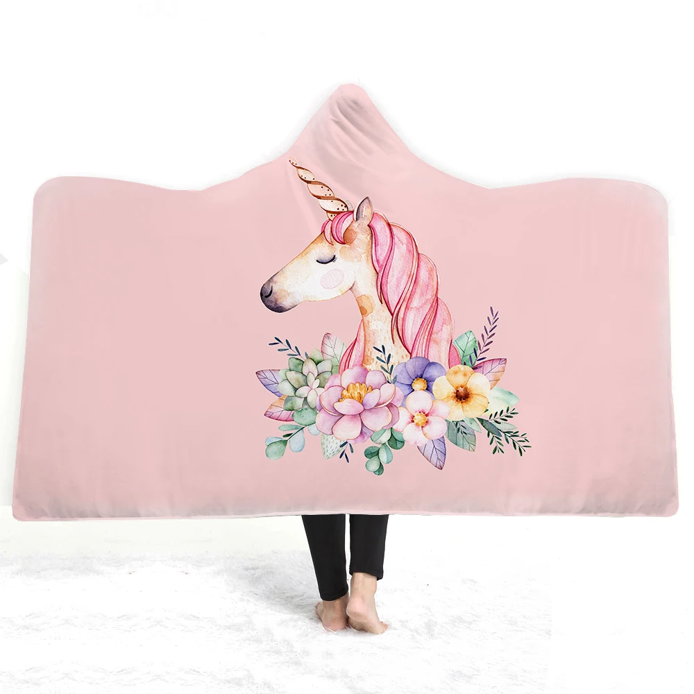 

Pink Unicorn Plush Throw Blanket 3D Print Leaves Floral Wearable Hooded Throw Fleece Sherpa Microfiber Blanket for Girls Boys