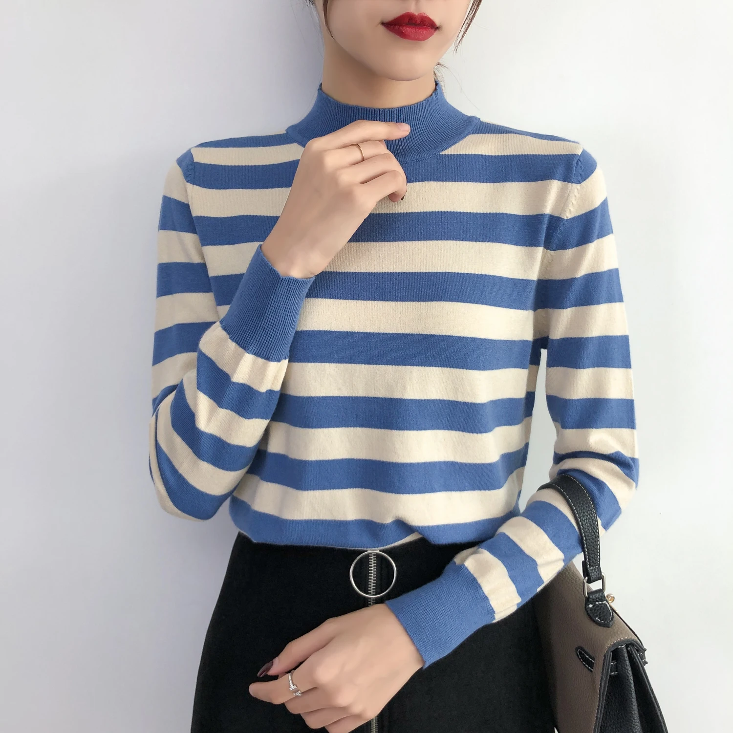2019 New Semi-high-collar Knitted Sweater Women Long Sleeves Loose Stripes Casual Pullovers Black Lady Blue Tops Autumn Winter 2019 New Semi-high-collar Knitted Sweater Women Long Sleeves Loose Stripes Casual Pullovers Black Lady Blue Tops Autumn Winter