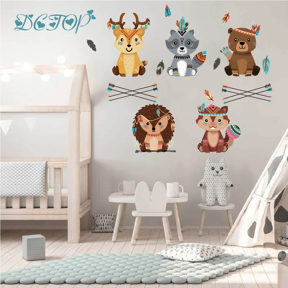 Cute Tribal Squirrel Deer Bear Hedgehog Forest Animal Wall Decals Stickers For Kids Nursery Room Home Mural DIY Art Vinyls Decor (2)
