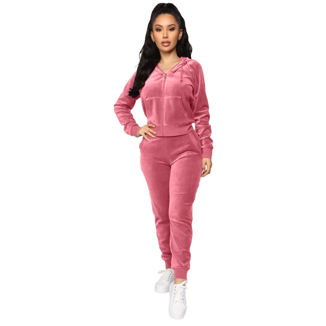 Pink Sweatsuits Set Womens 2 Piece Sweatshirt & Sweatpants Velour Full Zip  Hoodie Tracksuits Sportswear With Pocket - Pant Sets - AliExpress