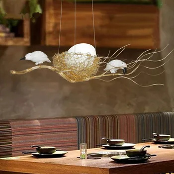 

Post Modern Handwork Gold Aluminium Steel Bird Nest Pendant Light Lamp Nordic Silver Alu. Wire White Glass Egg Suspension Light