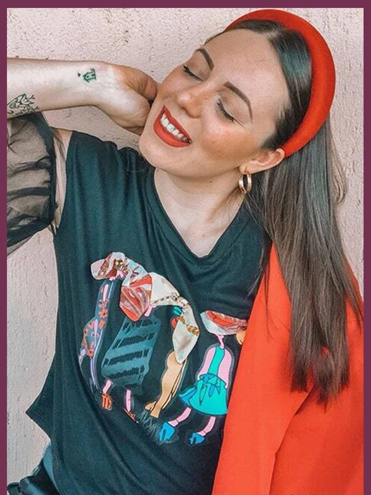 Dotfashion Черная Кружевная футболка с бантом и мультяшным принтом, Женская Осенняя коллекция, модная одежда, повседневные топы с рукавами-воланами, летняя футболка в консервативном стиле