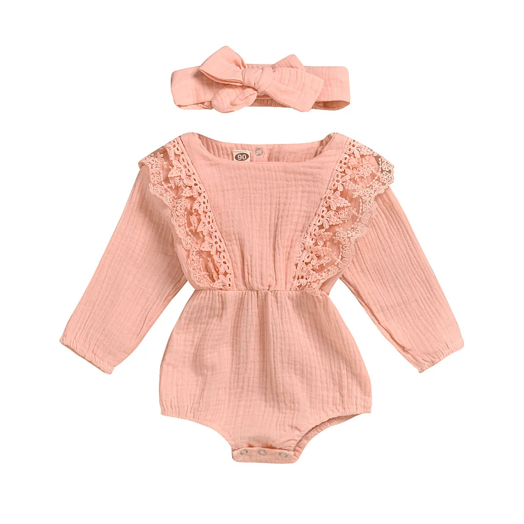 Bbaby/Одежда для маленьких девочек боди с длинными рукавами, однотонный кружевной Детский комбинезон с повязкой-бантом, комплект одежды, Комбинезоны для детей,# WS