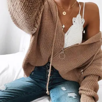 

Autumn Winter Hole Sweater 2019 Knitted Women Sweaters Zipper Cardigan Hooded Coat Casual Loose Female cardigans For Ladies