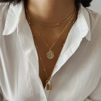 

Punk Multi Layer Lock Pendant Necklace for Women Charm Star Disc Thiny Chain Choker Necklace Statement Jewelry