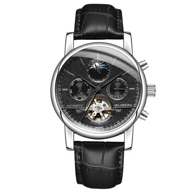 MG ORKINA Автоматические Мужские часы с самообмоткой Moon Phase наручные часы tourbillon механические наручные часы montre homme reloj hombre - Цвет: leather black