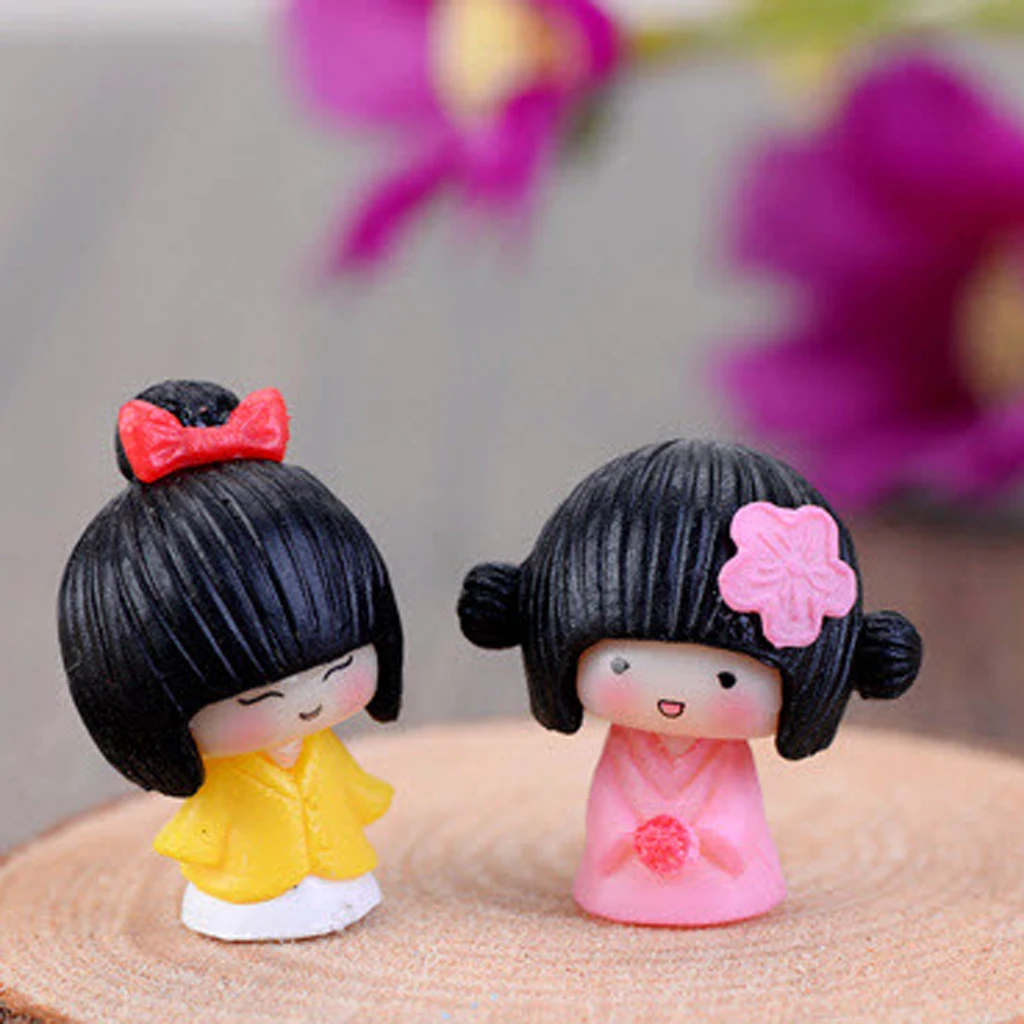 Set Of 10pcs Miniature Bonsai Garden Landscape DIY Dollhouse Furnishing Decoration, Cute Girl In Kimono