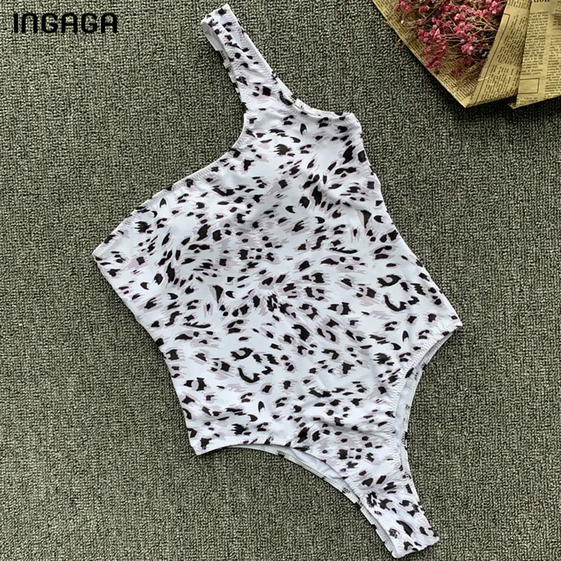 

INGAGA High Cut One Piece Swimsuit One Shoulder Swimsuit Fused Leopard Printing Swimwear Women New Bathing Suit Women 2019