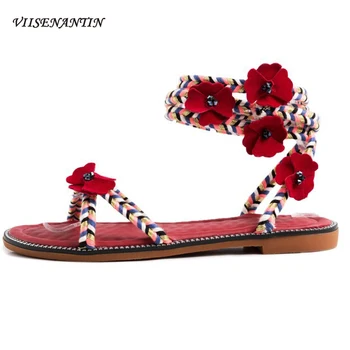 

Spring/summer New Flower Beaded Thin Belt Flat Ethnic Style Casual Wine Red Pink Female Sandals for Students Beach Holiday Shoes