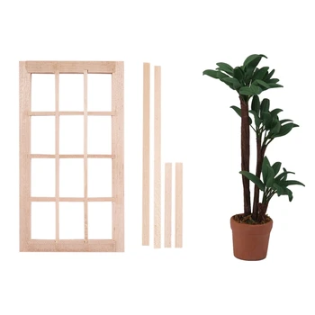 

Wooden Traditional 12-pane Window Frame 1:12 Scale Dollhouse Miniature & Dollhouse Miniature Pot Green Leafed Plant