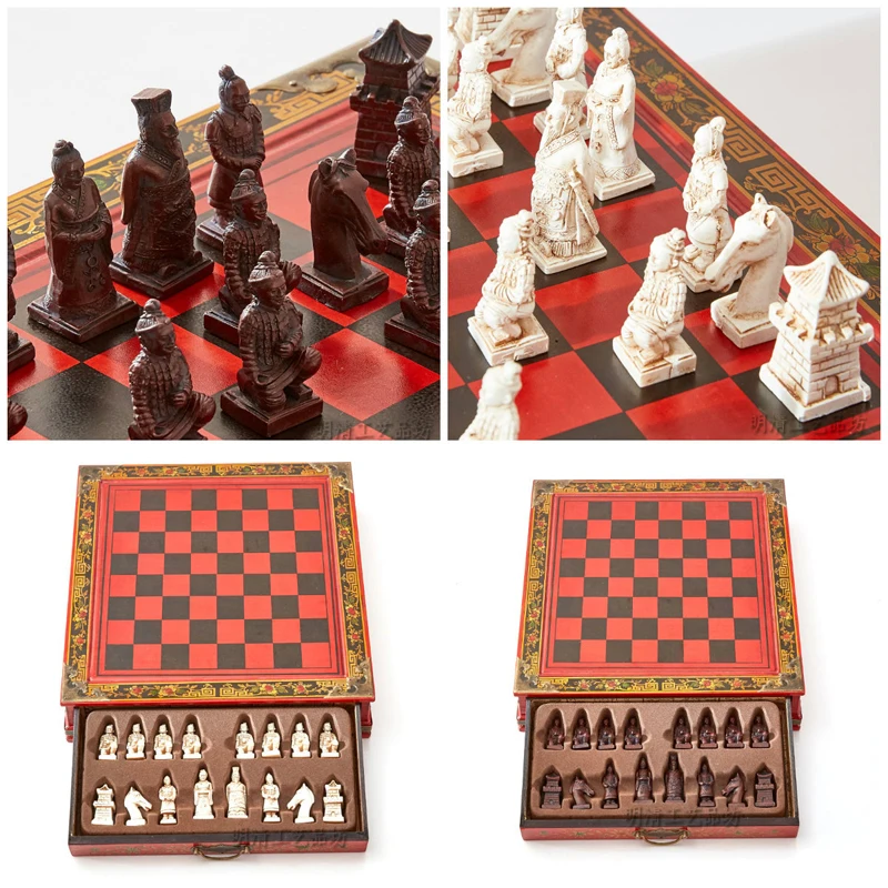 Ceny Chiński archaistyczny szachy 32 szachy drewniany szachownica kolekcja tera cotta Warriors Vintage szachy rozrywka