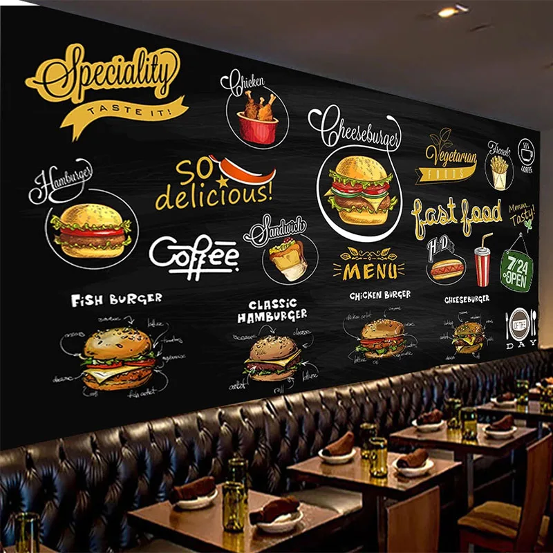 Self-Adhesive Wallpaper 3D Hand-painted Blackboard Western Food Pizza Hamburger Background Wall Painting Waterproof 3D Murals