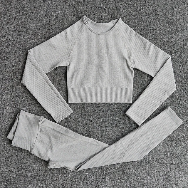 Women's Sportswear Yoga Set Workout Clothes Athletic Wear Sports Gym Legging Seamless Fitness Bra Crop Top Long Sleeve Yoga Suit ShirtsPantsGray