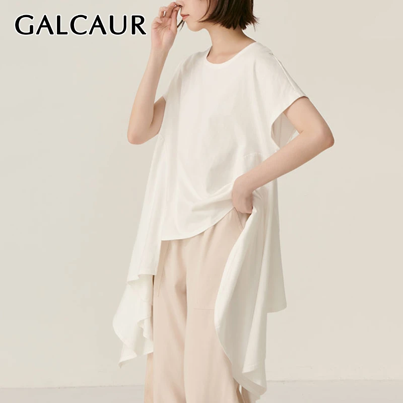 GALCAUR Irregular Hem Women's T-shirt O Neck Short Sleeve Oversize Loose Slim Korean Shirt Female Summer Fashion Clothes 2020 | Женская