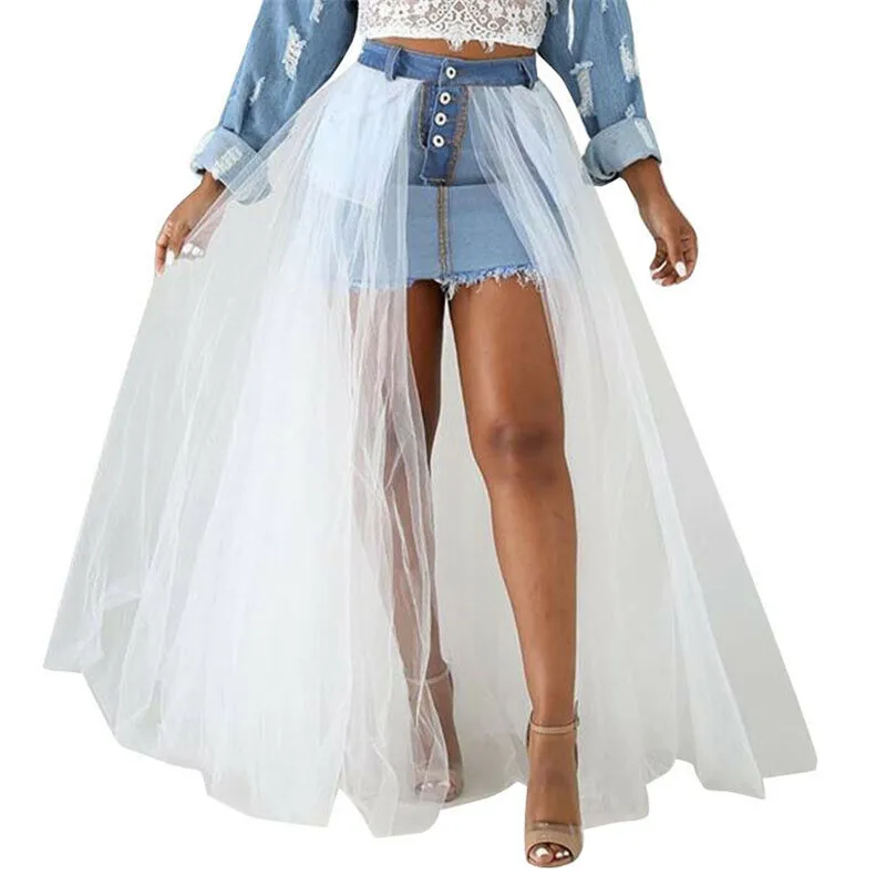 

Mesh Sheer Spliced Maxi long Skirts High Waist Denim Skirt Women lady Beach Club High Split Sexy Lace Tulle Skirts Femme Clothes