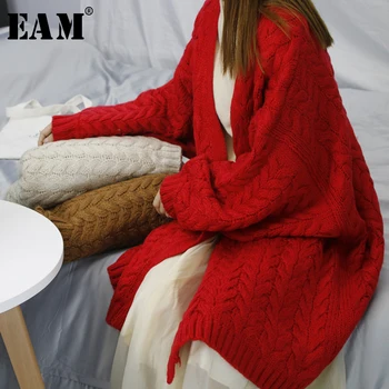 

[EAM] Red Brief Big Size Knitting Cardigan Sweater Loose Fit V-Neck Long Sleeve Women New Fashion Tide Autumn Winter 2020 1Y200