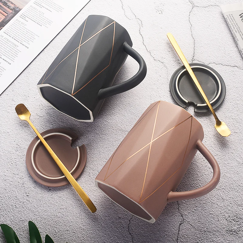 Nordic style creative trend cup couple mug personality ceramic cup with lid spoon household coffee cup teacup best gift