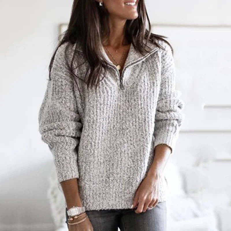 

Autumn Winter Women Plus Size Knitted Sweater Thick Turn Down Collar Zipper Pullover Sweaters Long Sleeve Casual Solid Color Top