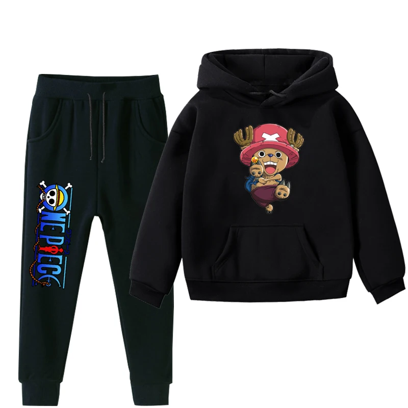 Boys Girls 2Pcs Clothes ONE PIECE Luffy Kids Hoodies And Pant Children Plus Velvet Clothes Set Winter Black Sportsuit For 2-14Y - Цвет: 015