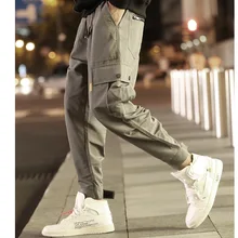 Уличная одежда, черные шаровары, мужские панковские штаны с эластичной резинкой на талии с лентами, повседневные обтягивающие штаны для бега, Мужские штаны в стиле хип-хоп