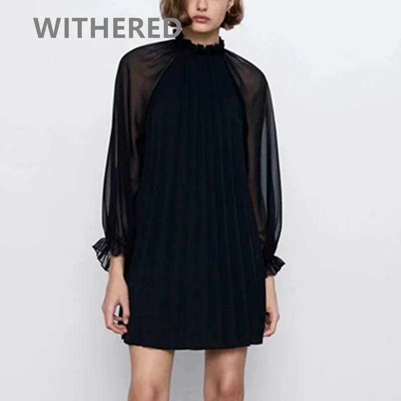 

WIthered 2020spring england simple pleated patchwork vintage elegant black mini dress women vestidos de fiesta de noche vestidos