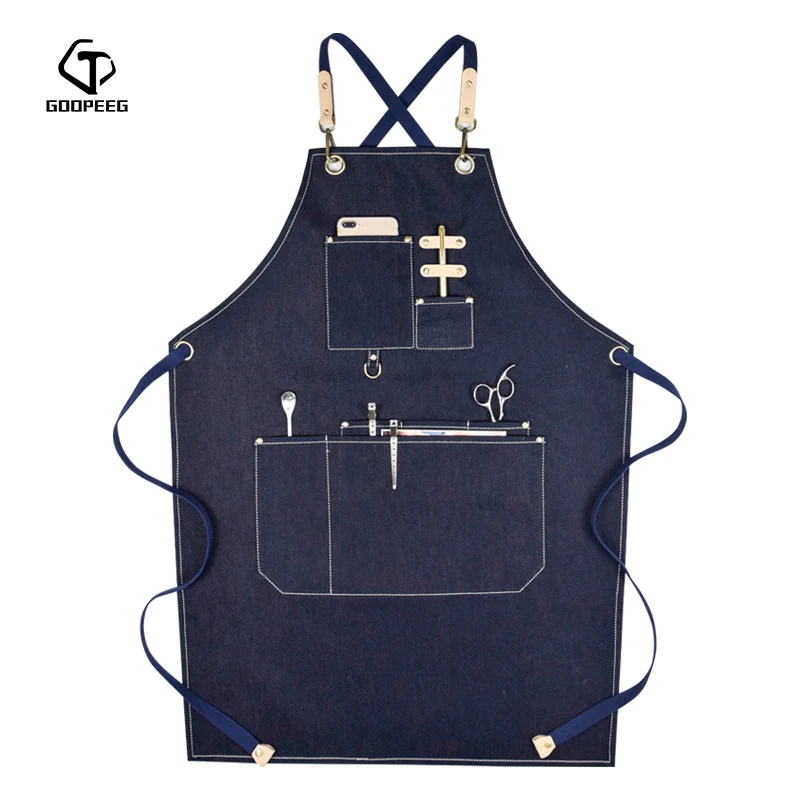 GOOPEEG fashion cotton denim apron LOGO custom coffee baking cake tea shop kitchen men and women overalls
