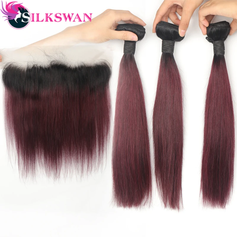

Silkswan Hair 1b/99j Ombre Remy Hair Straight Hair Extension 3 Bundles With 13* 4 Lace Frontal Brazilian Human Hair