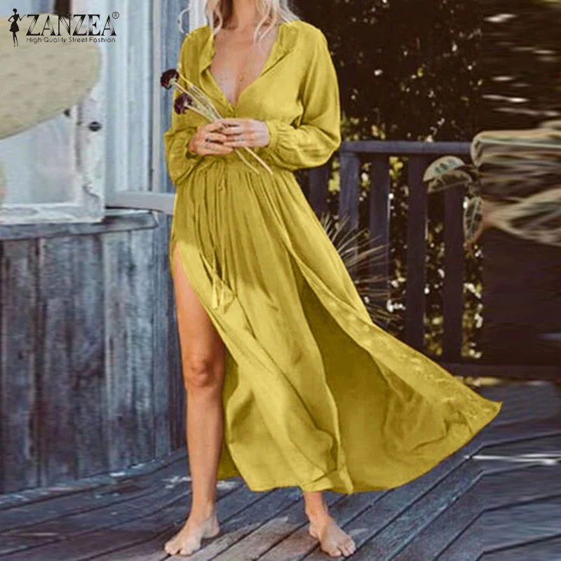

ZANZEA Summer Bohemian Dress Women Long Sleeve High Split Sundress Beach Long Vestido Casual Solid Drawstring Dresses Femininas