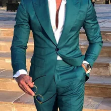 Зеленые мужские свадебные костюмы, пиковые лацканы, приталенный смокинг для жениха, популярное платье, два предмета, мужской деловой ужин/Дарти костюм(пиджак+ брюки