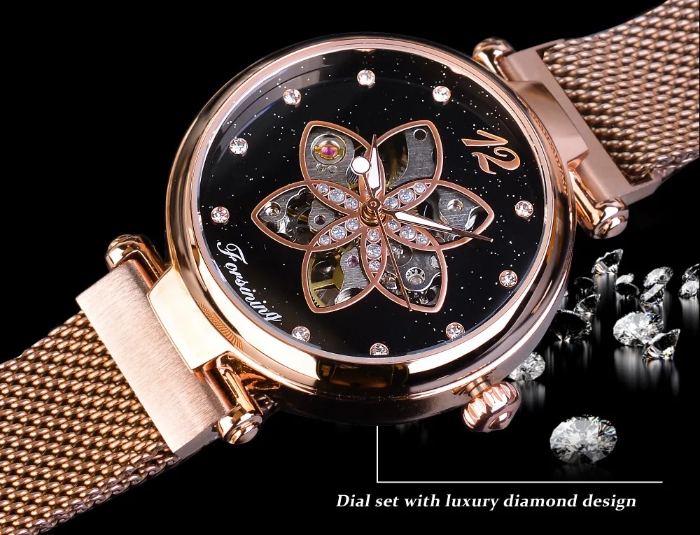 Forsining Ladies Watch Top Brand Luxury Female Watch Rose Gold Mesh Creative Diamond Flower Dial Mechanical Fashion Women Clock