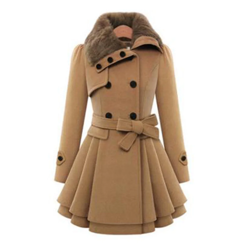 Зимняя теплая Черная Женская отбеленная шерсть, винтажное двубортное пальто размера плюс 5XL, пальто с воротником из искусственного меха и поясом, модные пальто