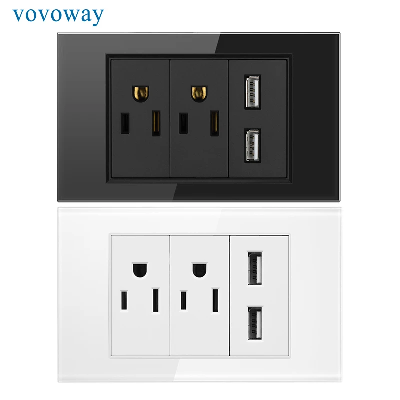 

Wall plug socket US standard tempered glass panel 5V USB 2-port fast charging household AC110V 250V 15A power plug