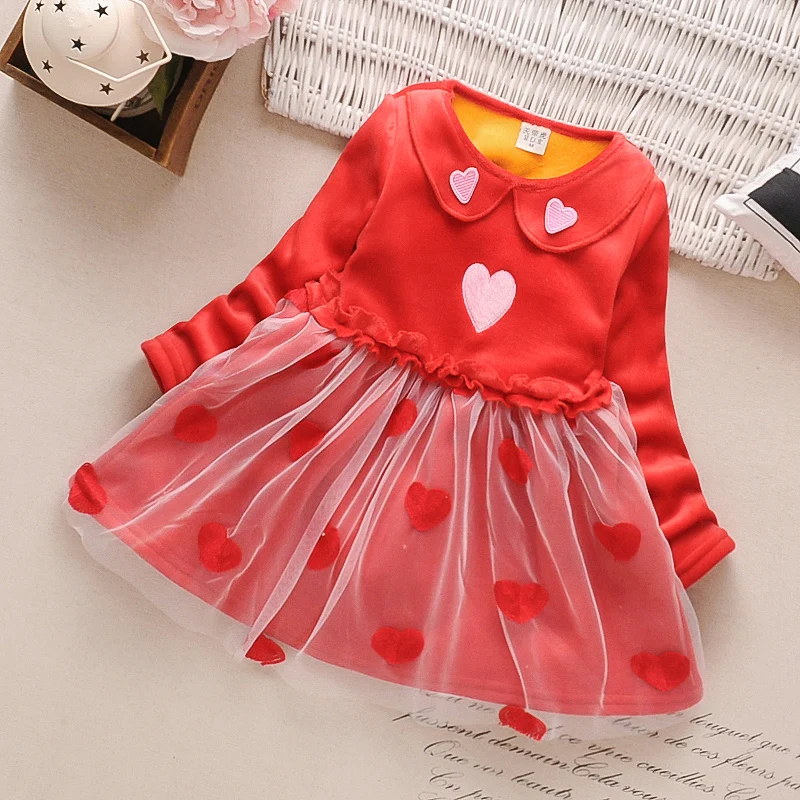 red 2 3 4 5 6 7 8 Years Children Kids Girls Autumn Winter Velvet Dresses Red Love Kids Tutu Mesh Dress Long Sleeve Princess Dresses - Color: red