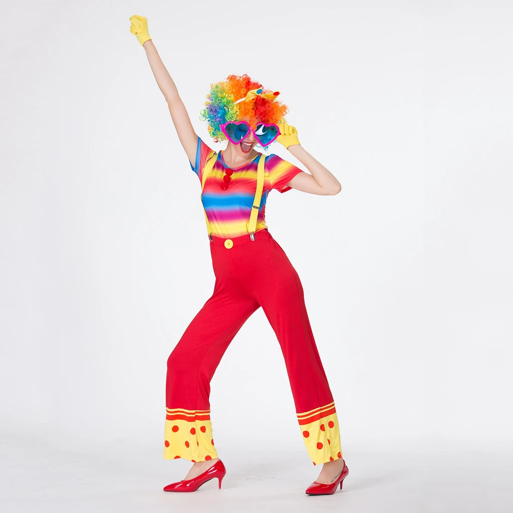 Funny Women Circus Clown Costume Jester Wig Pants Shirt Fancy Dress Outfit