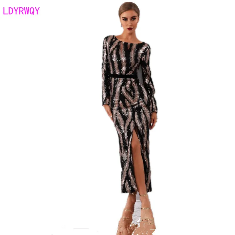 

2019 autumn and winter new European and American women's fashion round neck sexy backless long-sleeved stitching sequin dress