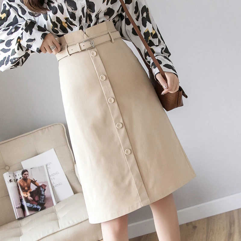 

Women Midi Skirts With Belt Korean OL Style Spring Summer Work Wear Single Breasted High Waist A-Line Skirt