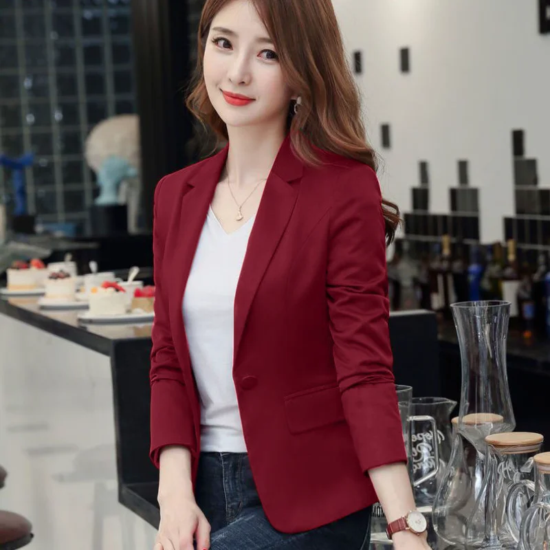 Red Blazer Women Long Sleeve Suit Jackets Femme Solid Black Single Button Coat Slim Fit Office Lady Coat Female Top 2021 Fall 5