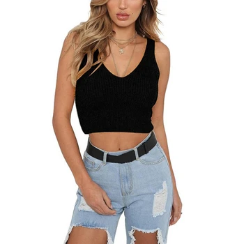 

Sexy Sweater V Neck Sleeveless Knitted Tank Top Women Fashion Solid Backless Crop Top Summer Streetwear Short Vest