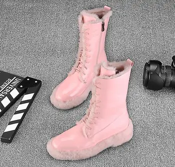 

Patent leather tube flat with women's boots 2019 winter new round head with Martin boots women's snow boots tide