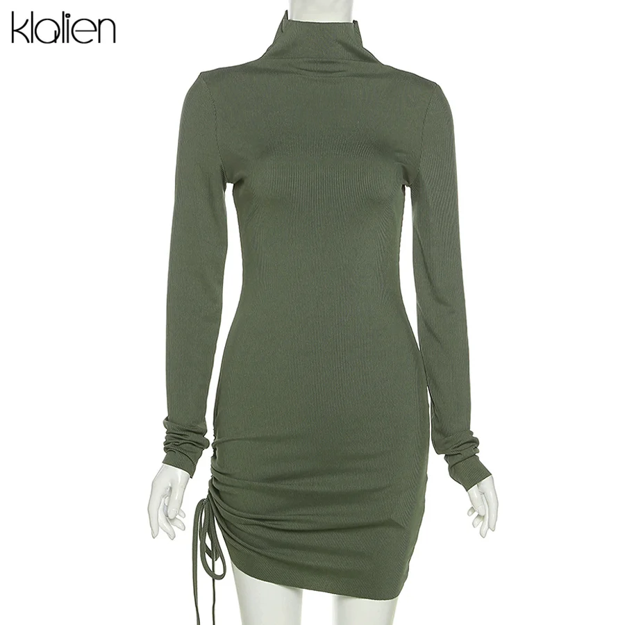 KLALIEN Autumn New Sweater Dress Women Long Sleeve Turtleneck Knit Solid Slim Drawstring Bodycon Dress Thicken Warm Streetwear homecoming dresses