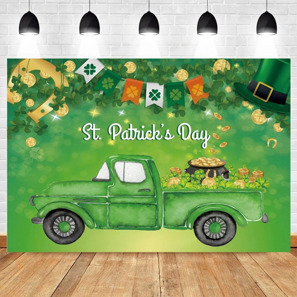 

Happy St. Patrick's Day Backdrop Spring Sequins Lucky Green Car Shamrock Photography Background Irish Festival Party Banner Prop