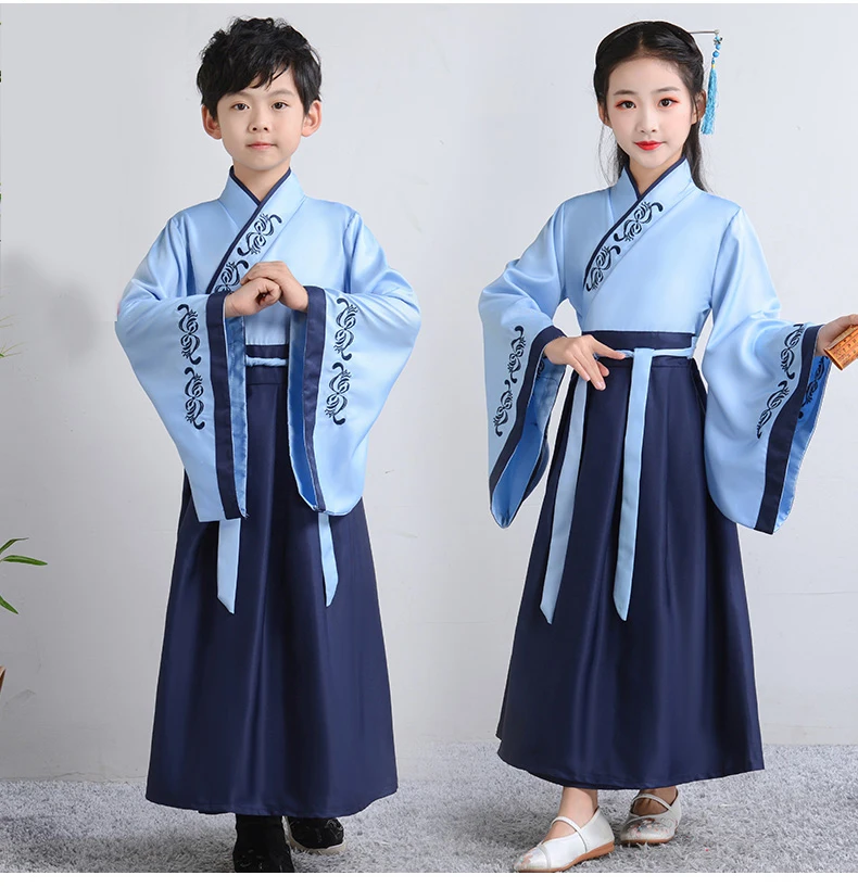Древний китайский костюм; детское платье Hanfu; одежда для народных танцев; Традиционное китайское платье для мальчиков и девочек - Цвет: 1