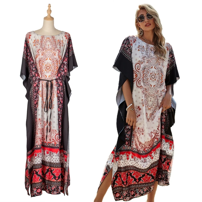 Женское длинное пляжное платье-туника с цветочным принтом и разрезом сбоку